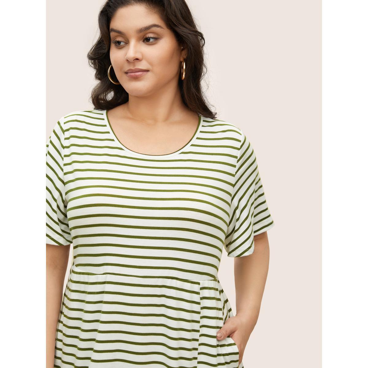 Plus Size Stripes Round Neck Split Side Pocket Dress Moss Women Casual Slit Round Neck Short sleeve Curvy Midi Dress BloomChic 28/5X Product Image