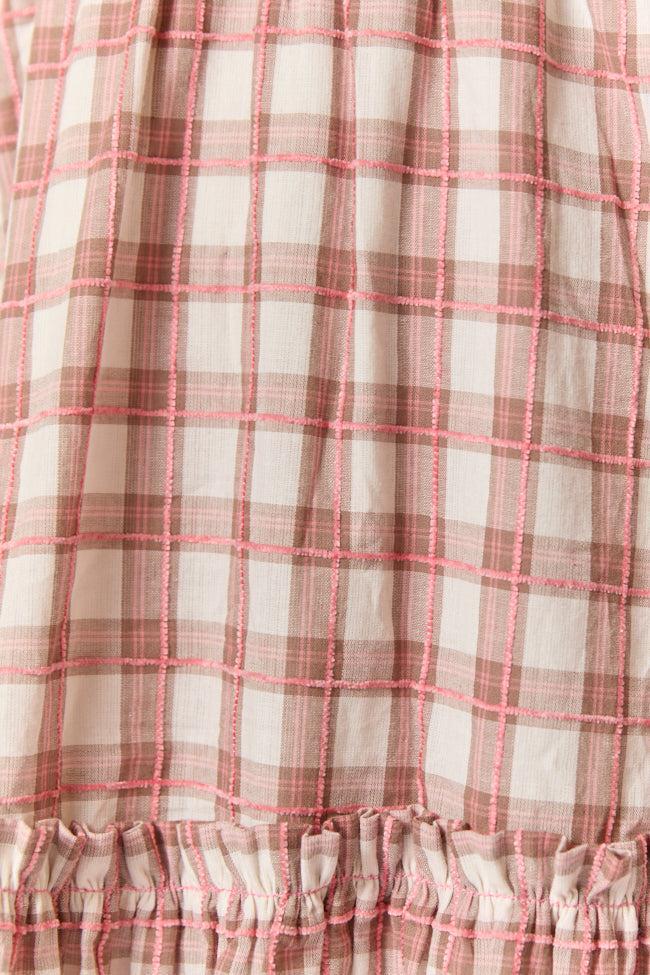 Checked Treasures Pink and Brown Plaid Tiered Midi Dress SALE Product Image