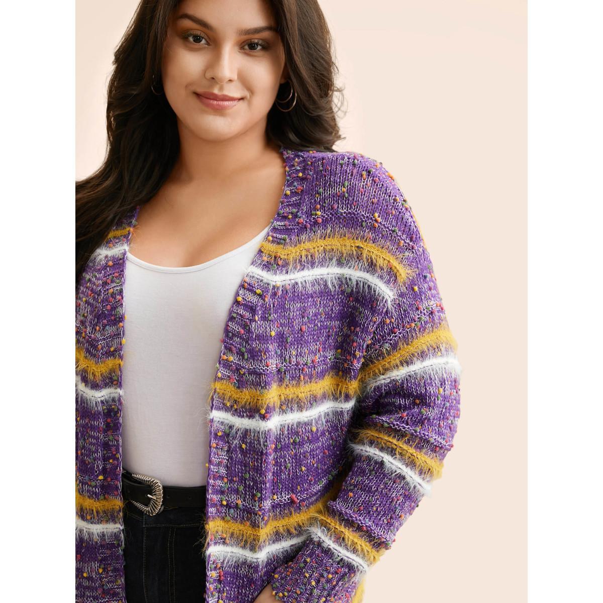 Plus Size Striped Contrast Texture Fluffy Cardigan Deeppurplered Women Casual Loose Long Sleeve Everyday Cardigans BloomChic 12/L Product Image