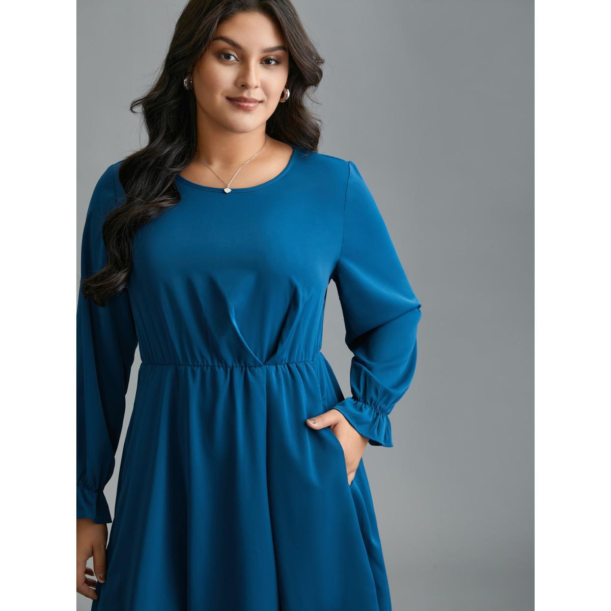 Plus Size Ruffle Cuff Elastic Waist Split Hem Dress Aegean Women At the Office Pleated Round Neck Long Sleeve Curvy BloomChic 12/L Product Image