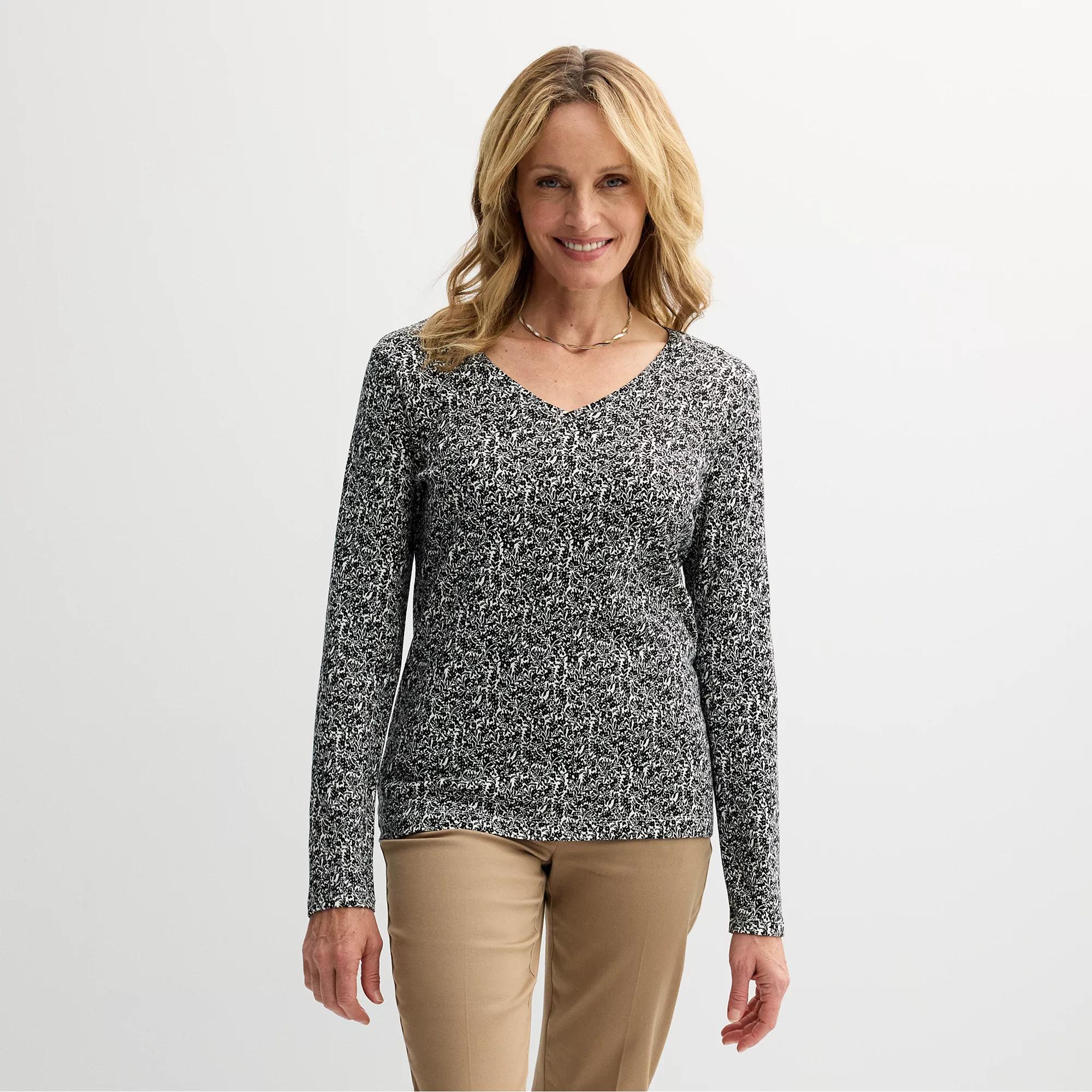 Petite Croft & Barrow® Essential Long-Sleeve V-Neck Top, Women's, Size: Large Petite, Black Tiny Floral Product Image