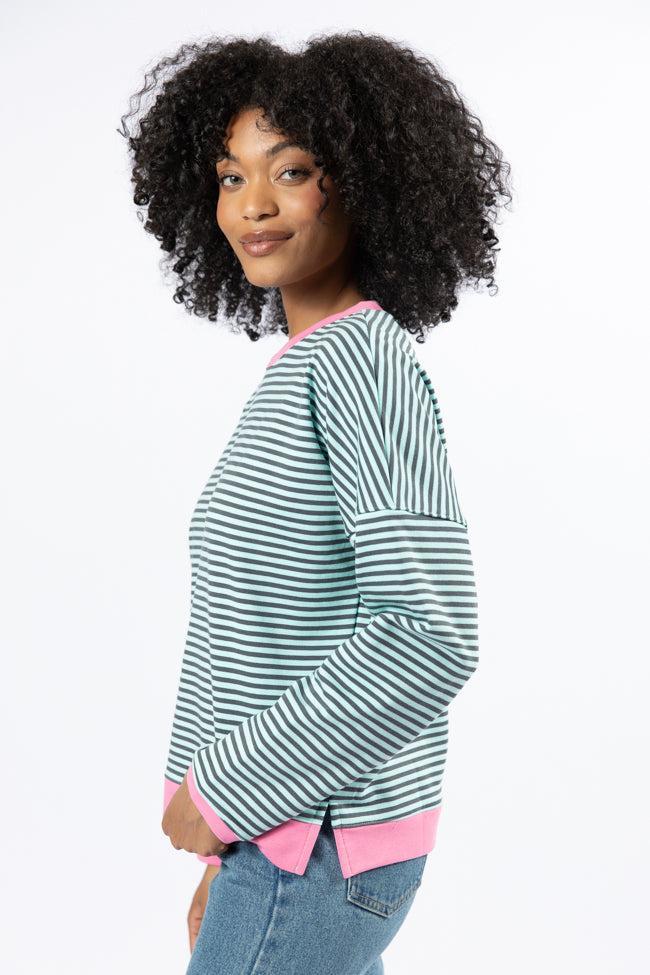 Think On It Pink, Navy, and Charcoal Striped Contrast Trim Pullover FINAL SALE Product Image