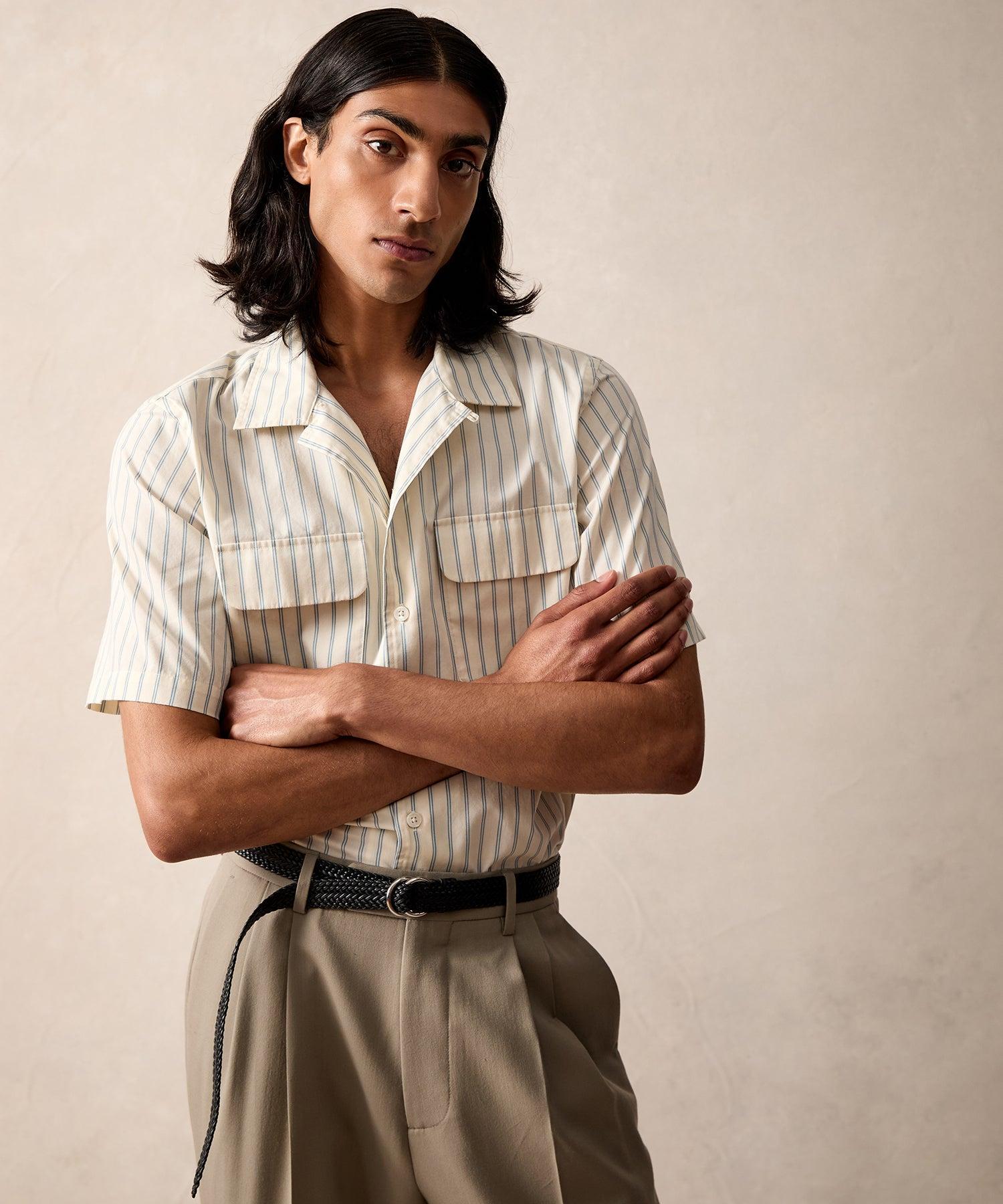 Short-Sleeve Striped Pocket Shirt in White Product Image