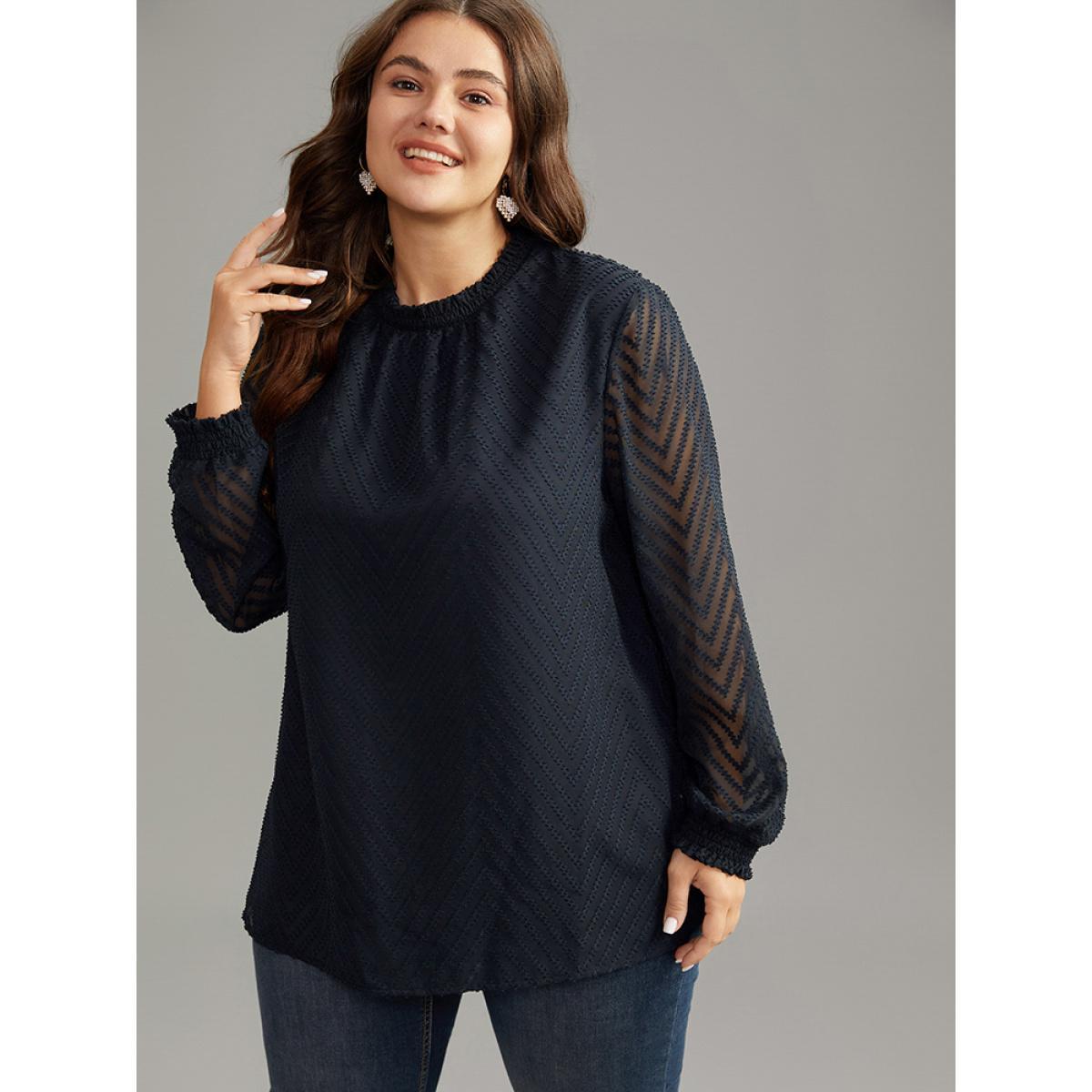 Plus Size Midnight Plain Patchwork Mesh Shirred Frill Trim Blouse Women Office Long Sleeve Round Neck Work Blouses BloomChic 22-24/3X Product Image