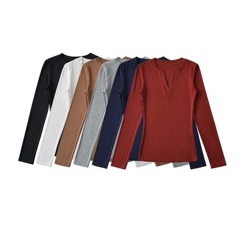 Long-Sleeve Notched Plain Top Product Image