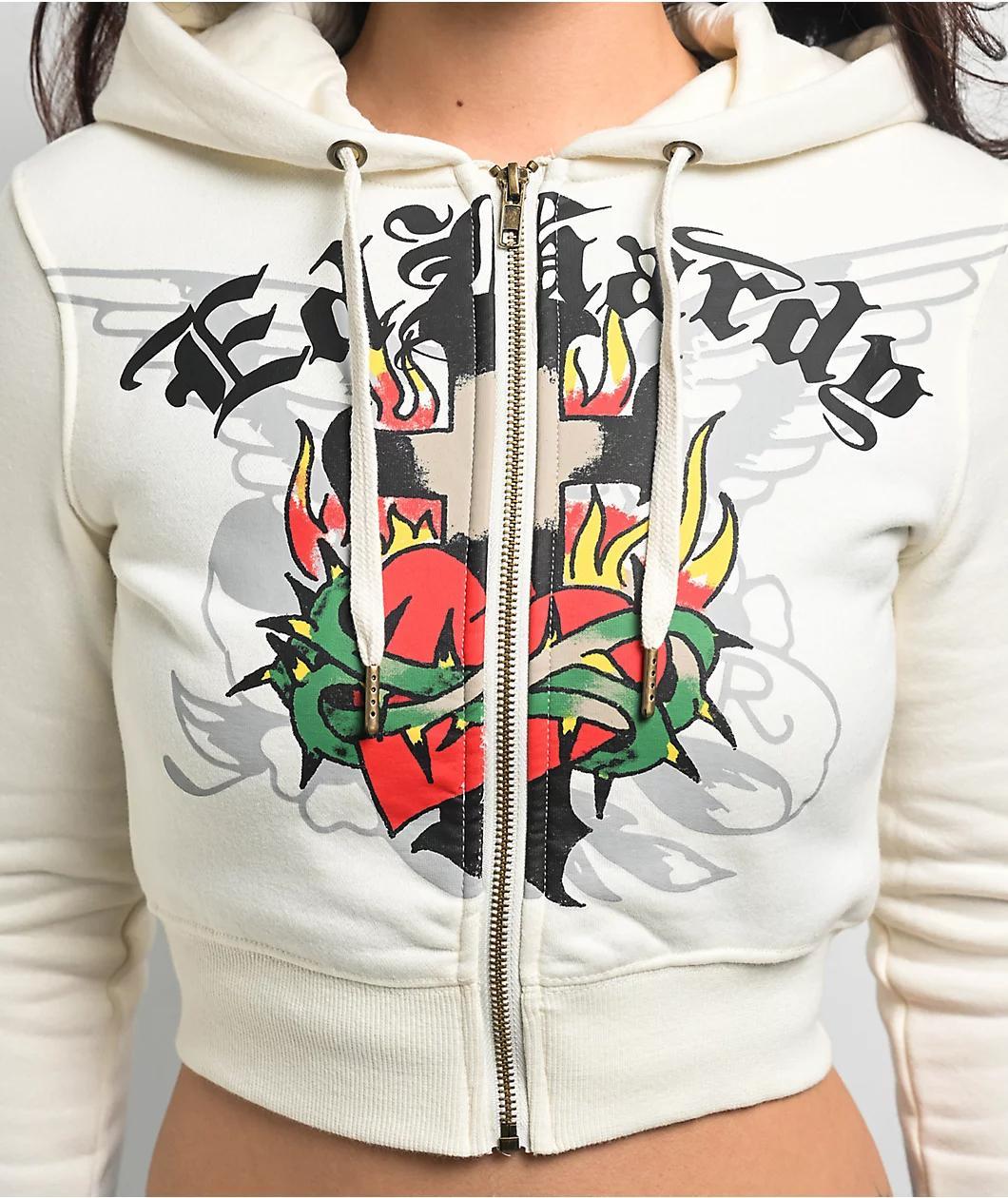 Ed Hardy Sacred Heart Ivory Crop Zip Hoodie Product Image