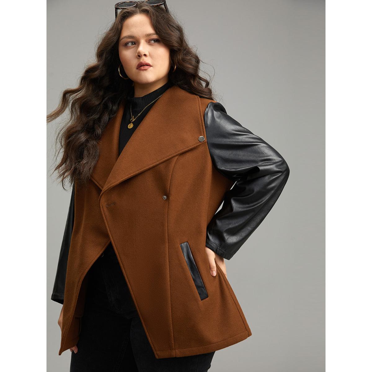 Plus Size Contrast PU Leather Lapel Collar Pocket Button Up Coat Women Tan Casual Contrast Ladies Dailywear Winter Coats BloomChic 30/6X Product Image