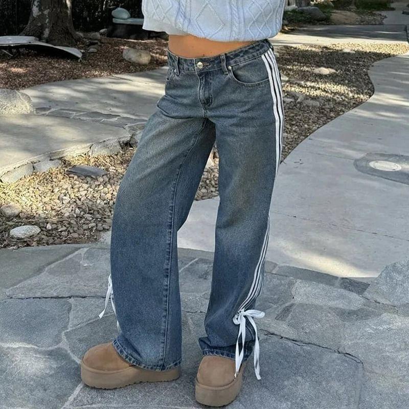 High Waist Washed Striped Bow Accent Straight-Fit Wide-Leg Jeans Product Image