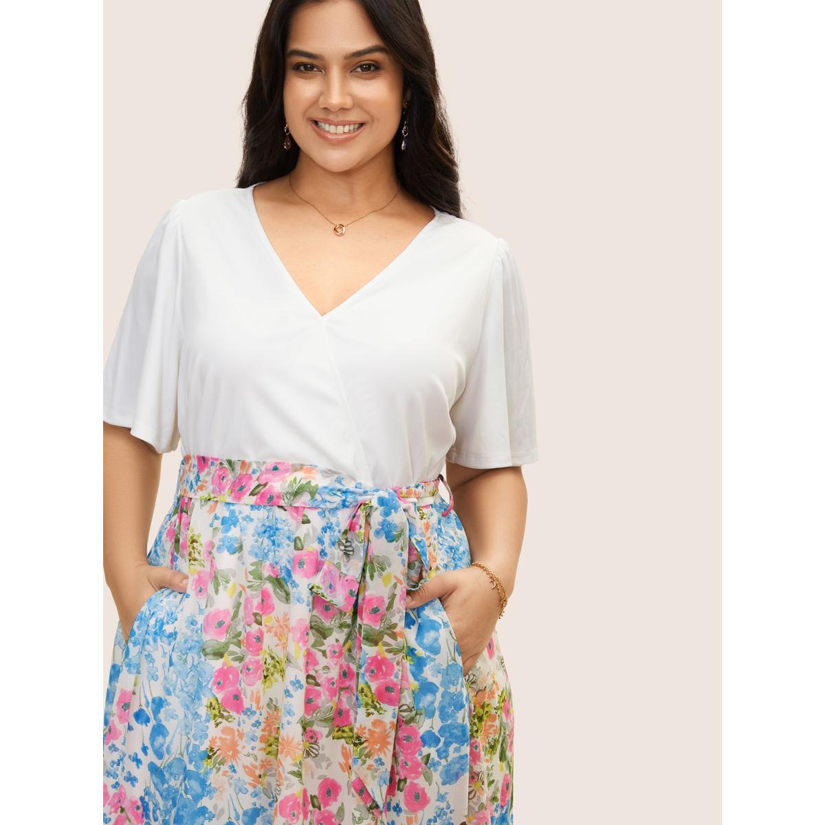 Plus Size Overlap Collar Patchwork Floral Midi Dress Ivory Women Elegant Belted Overlap Collar Short sleeve Curvy BloomChic 10/M Product Image
