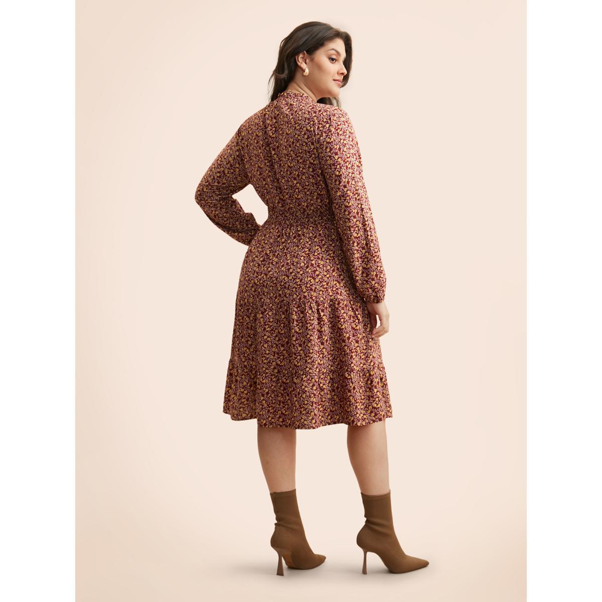 Plus Size Ditsy Floral Shirred Frill Trim Dress Burgundy Women Elegant Frill Trim Mock Neck Long Sleeve Curvy BloomChic 18-20/2X Product Image