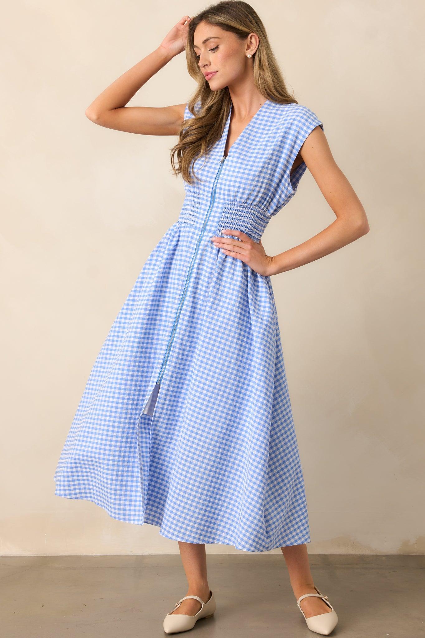 The Evette Blue Gingham Zip Front Midi Dress Product Image