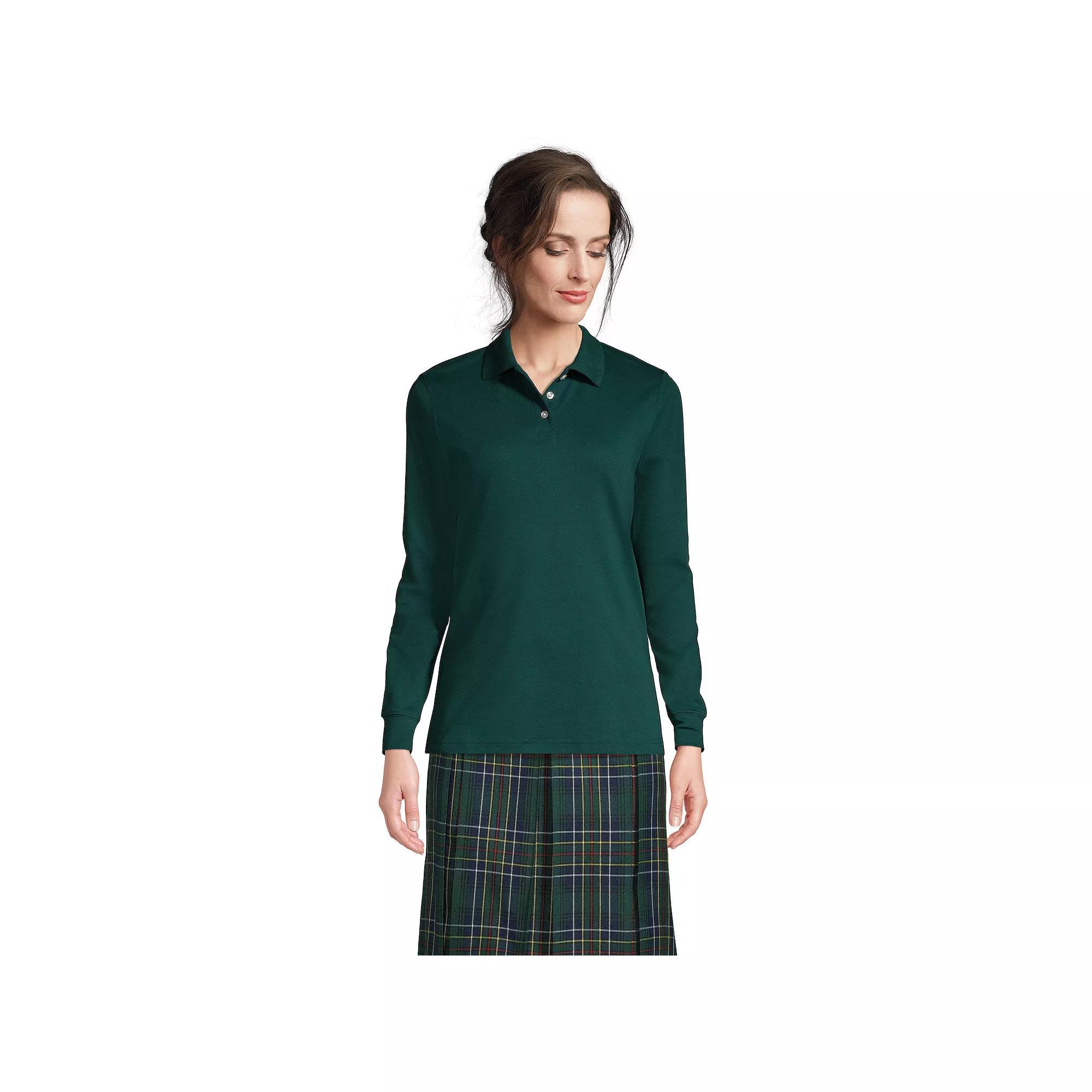 Women's Tall Lands' End School Uniform Long Sleeve Interlock Polo, Size: Small Tall, White Product Image