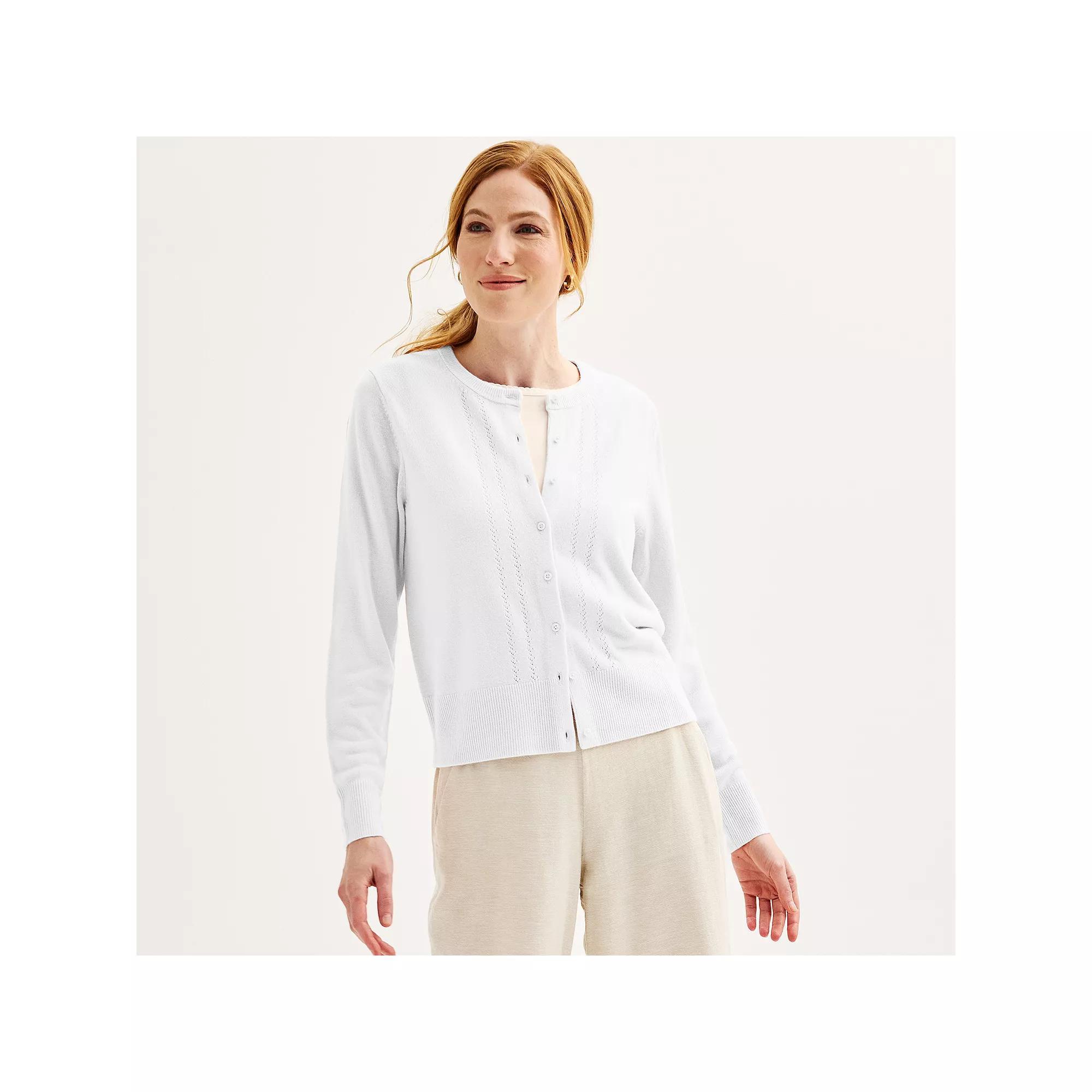 Petite Croft & Barrow® Extra Soft Classic Pointelle Cardigan, Women's, Size: XXL Petite, Bright White Product Image