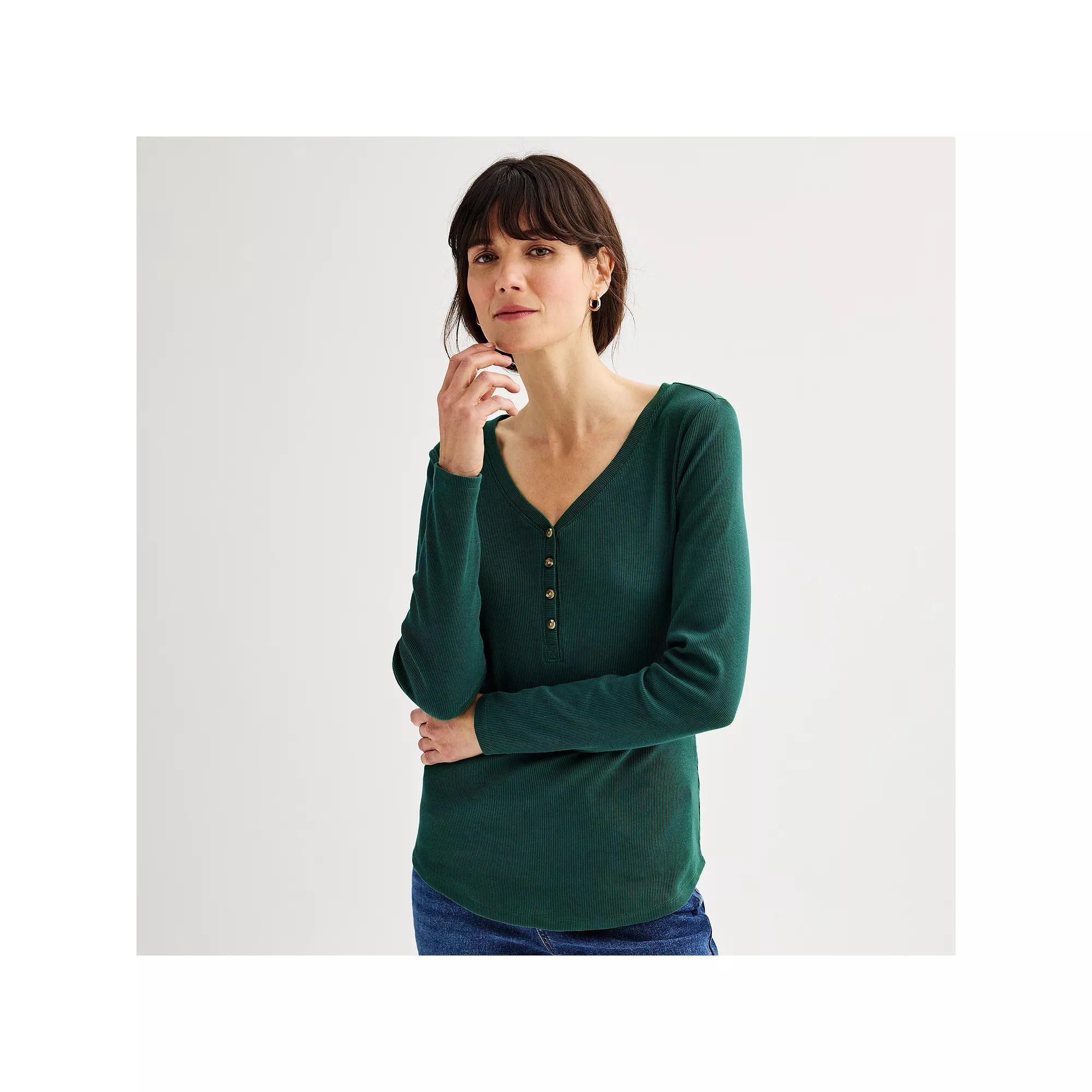 Women's Sonoma Goods For Life® Rib Long Sleeve Henley, Size: Medium, Peanut White Product Image