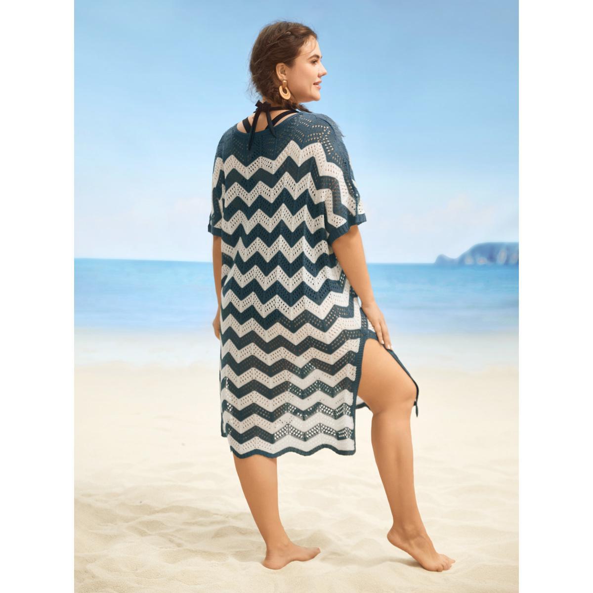 Plus Size Geometric Slit Hem Cut Out Swim Cover Up Women's Swimwear Indigo Beach Loose Contrast Curve Swim Cover Ups BloomChic 14-16/1X Product Image