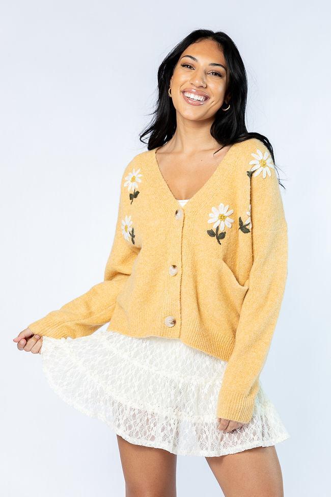Fields Of Hope Mustard Floral Embroidered Cardigan Product Image