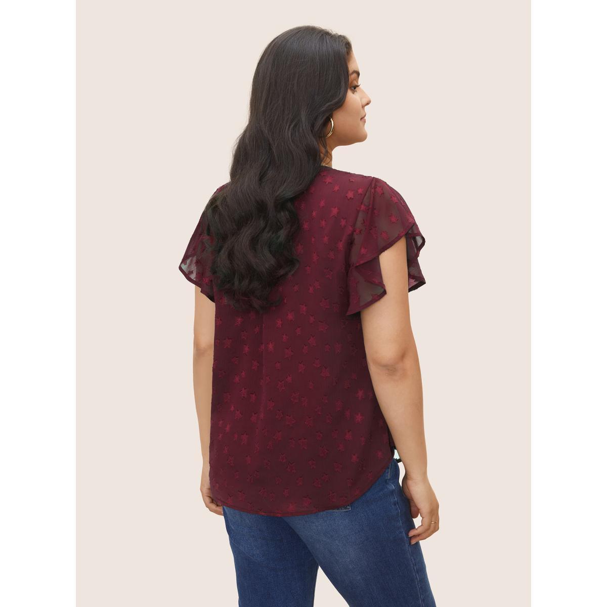 Plus Size Indigo Star Mesh Gathered Ruffle Sleeve Blouse Women Elegant Cap Sleeve V-neck Everyday Blouses BloomChic 22-24/3X Product Image