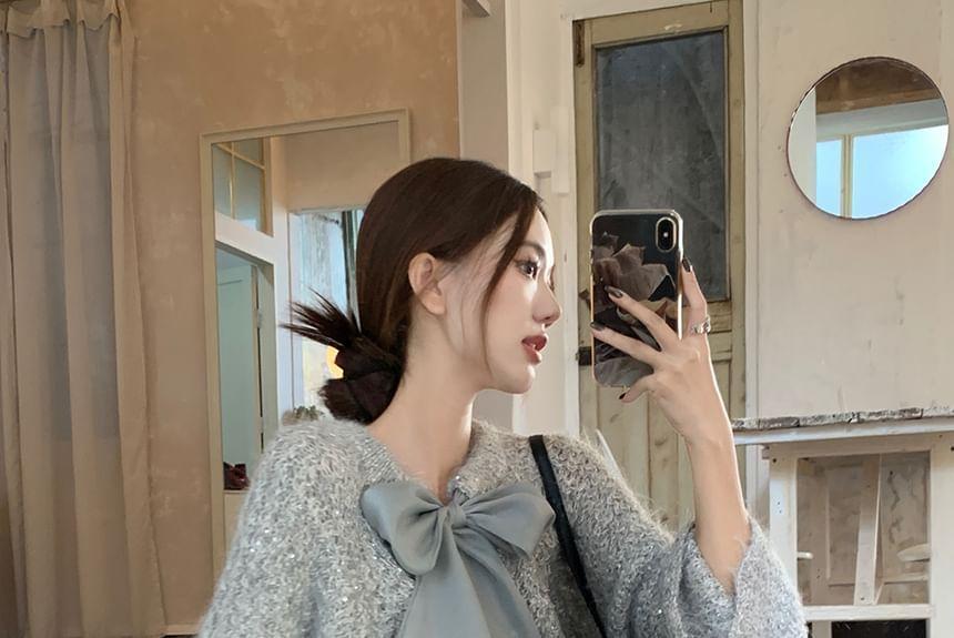 Tie-Neck Plain Glitter Sweater Product Image