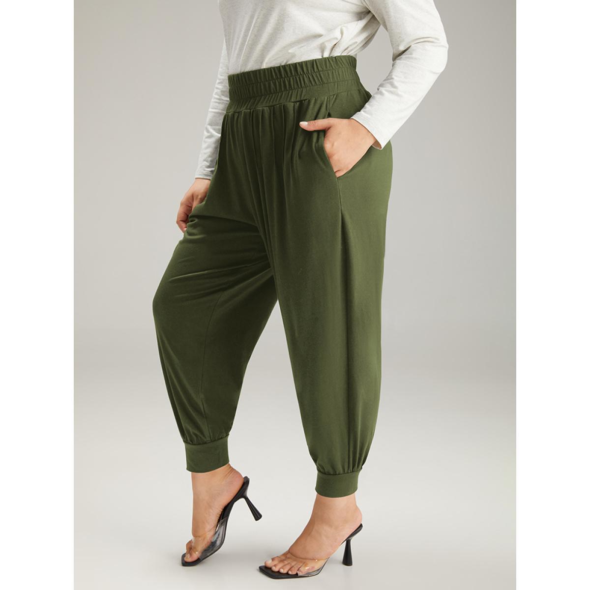 Solid Shirred Pocket Harem Sweatpants ArmyGreen Plus Size Women Casual Dailywear Tummy control 10/M Bloomchic Product Image