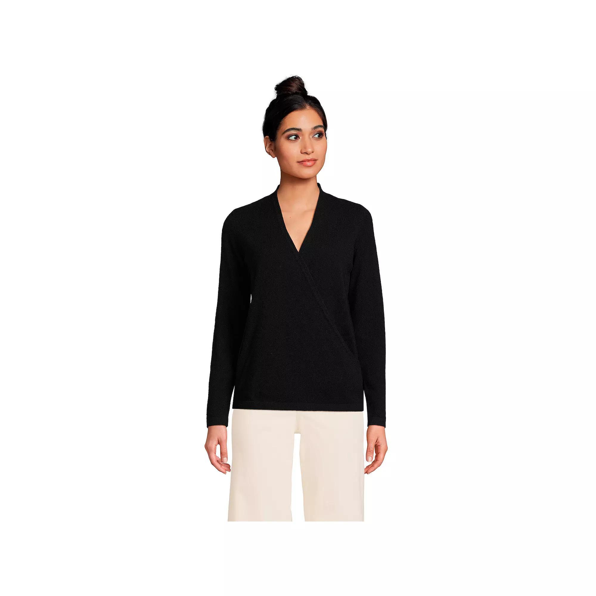 Women's Lands' End Cashmere Long Sleeve Wrap Sweater, Size: Small, Black Product Image