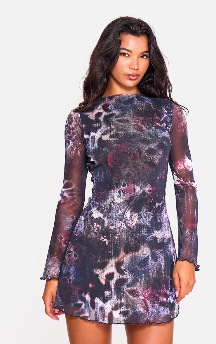 Dark Purple Mesh Long Sleeve Tie Back Shift Dress Product Image