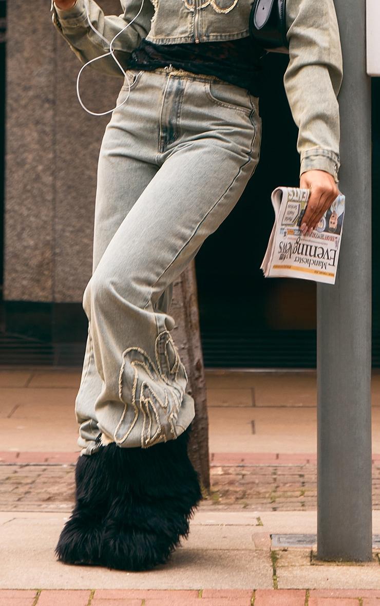 Light Blue Acid Wash Frayed Graphic Detail Wide Leg Flared Jeans Product Image