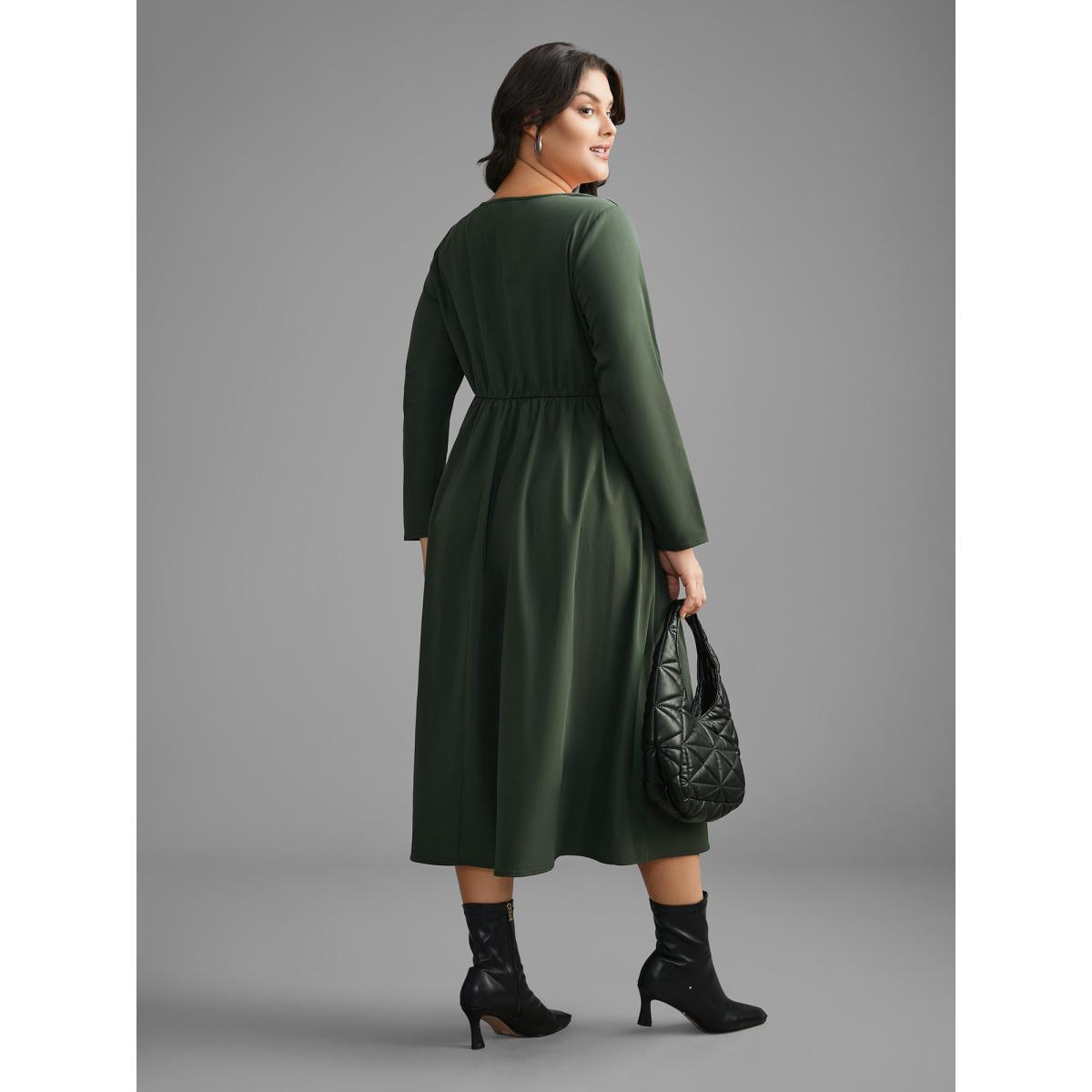 Plus Size Square Neck Plain Button Detail Dress DarkGreen Women At the Office Button Square Neck Long Sleeve Curvy BloomChic 28/5X Product Image