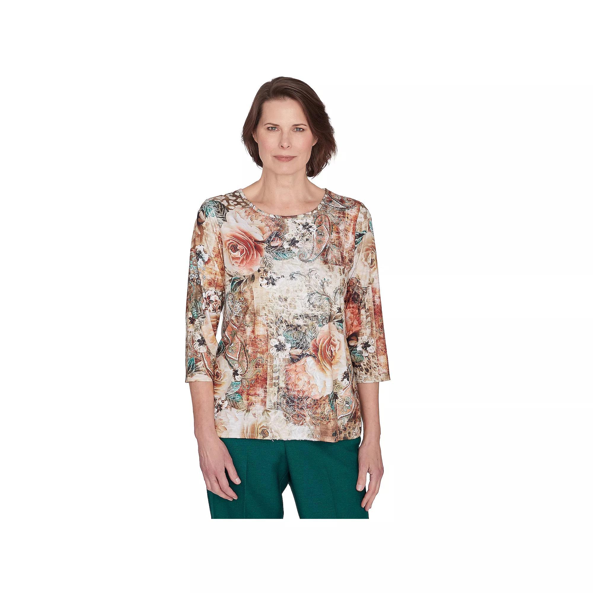 Petite Alfred Dunner Center Lace Floral Print Top, Women's, Size: Large Petite, Neutral Team Product Image