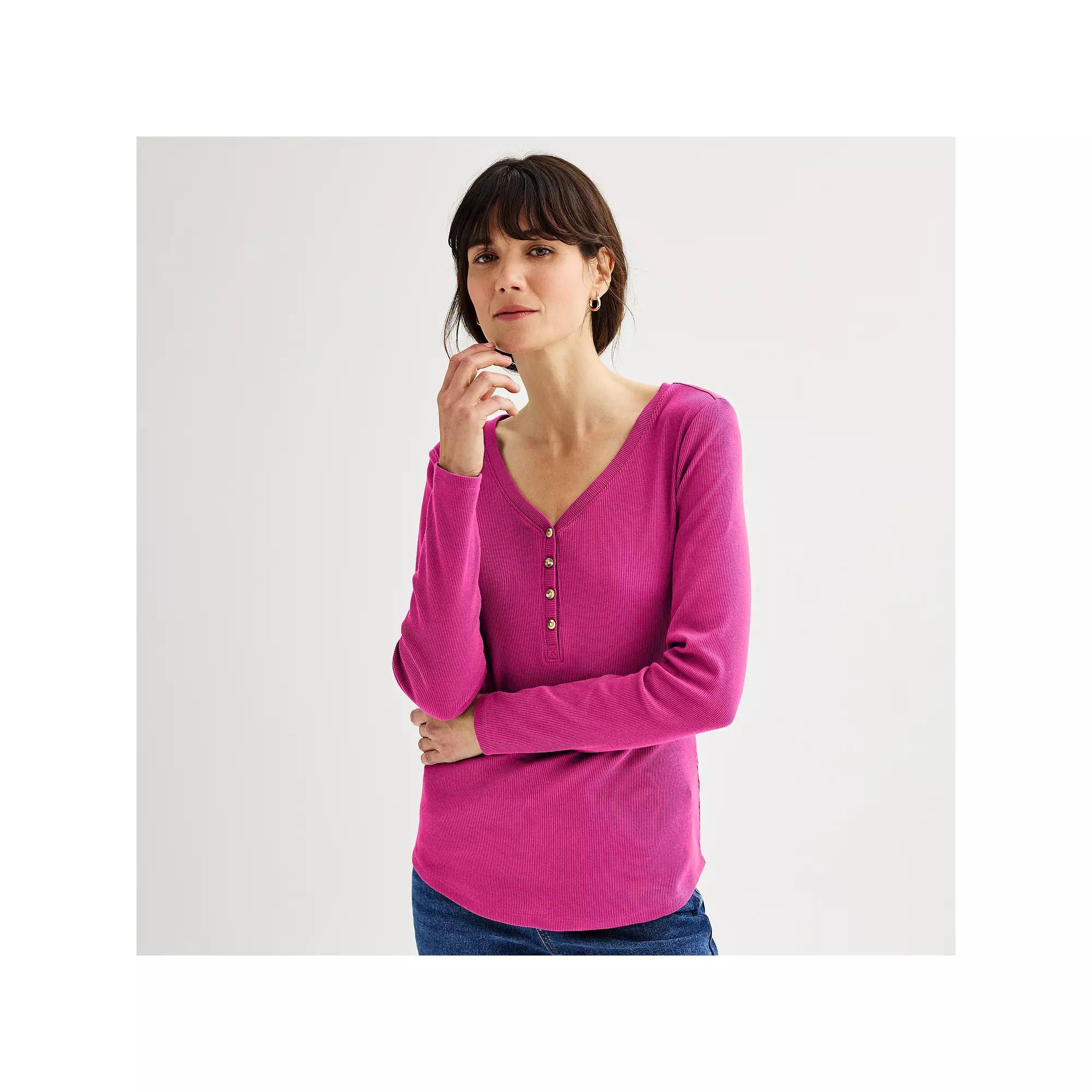 Women's Sonoma Goods For Life® Rib Long Sleeve Henley, Size: Medium, Peanut White Product Image