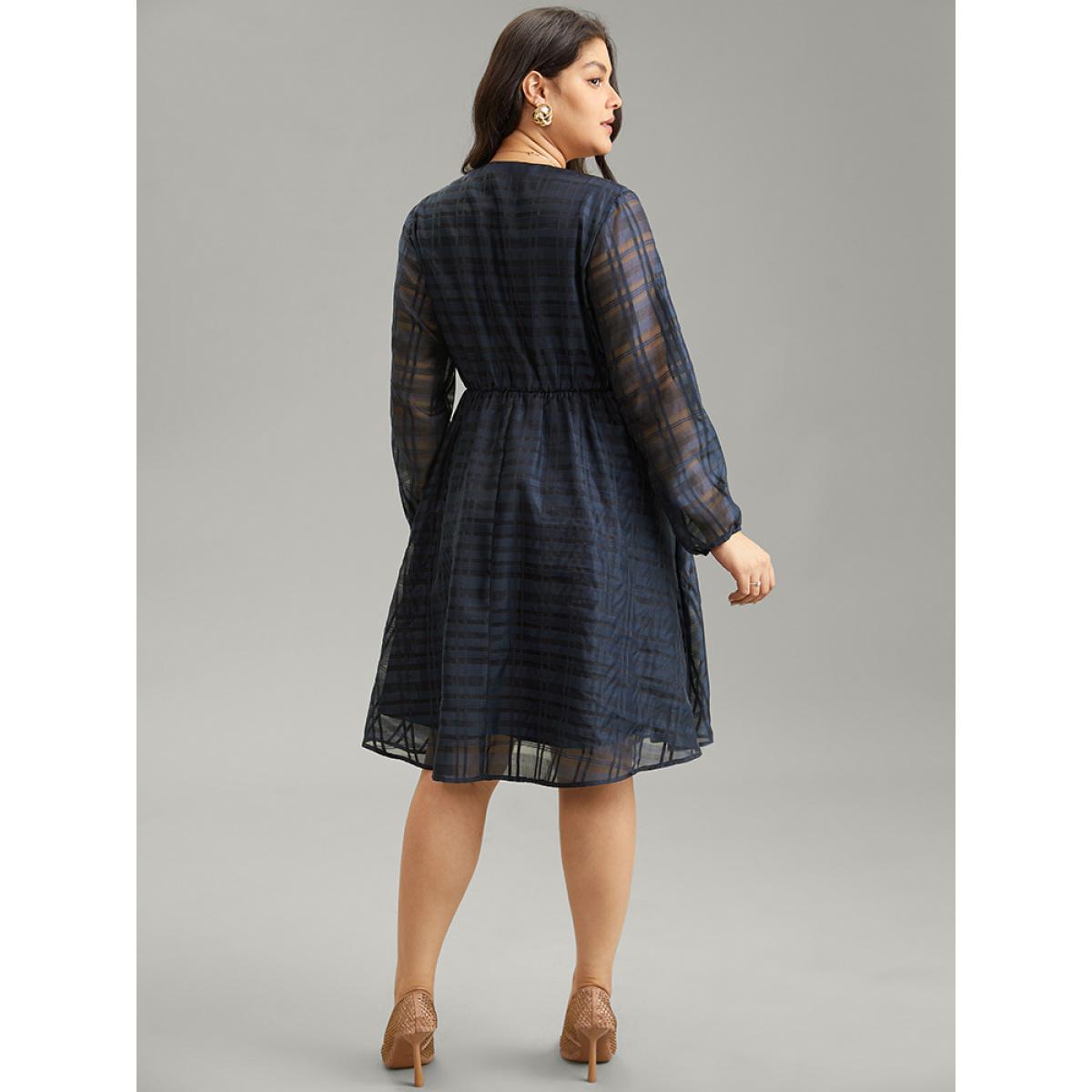 Plus Size Geometric Graphic Mesh Lantern Sleeve Dress DarkBlue Women Elegant Elastic cuffs V-neck Long Sleeve Curvy Midi Dress BloomChic 12/L Product Image