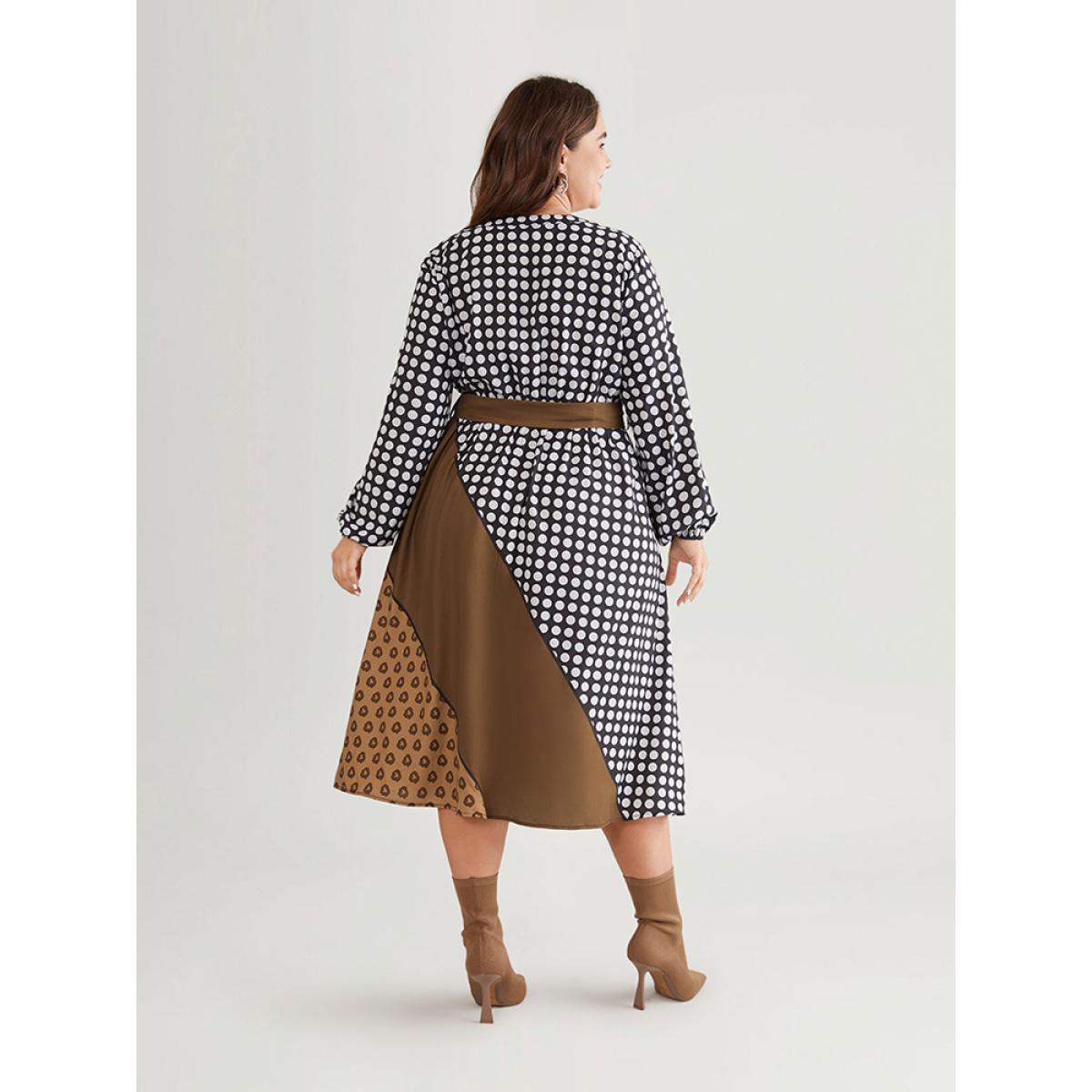 Plus Size Polka Dot Patchwork Colorblock Belted Notched Dress Multicolor Women At the Office Elastic cuffs Notched collar Long Sleeve Curvy Midi Dress BloomChic 10/M Product Image