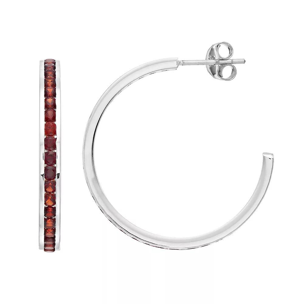 Traditions Jewelry Company Sterling Silver Channel-Set Garnet Birthstone Hoop Earrings, Womens Product Image