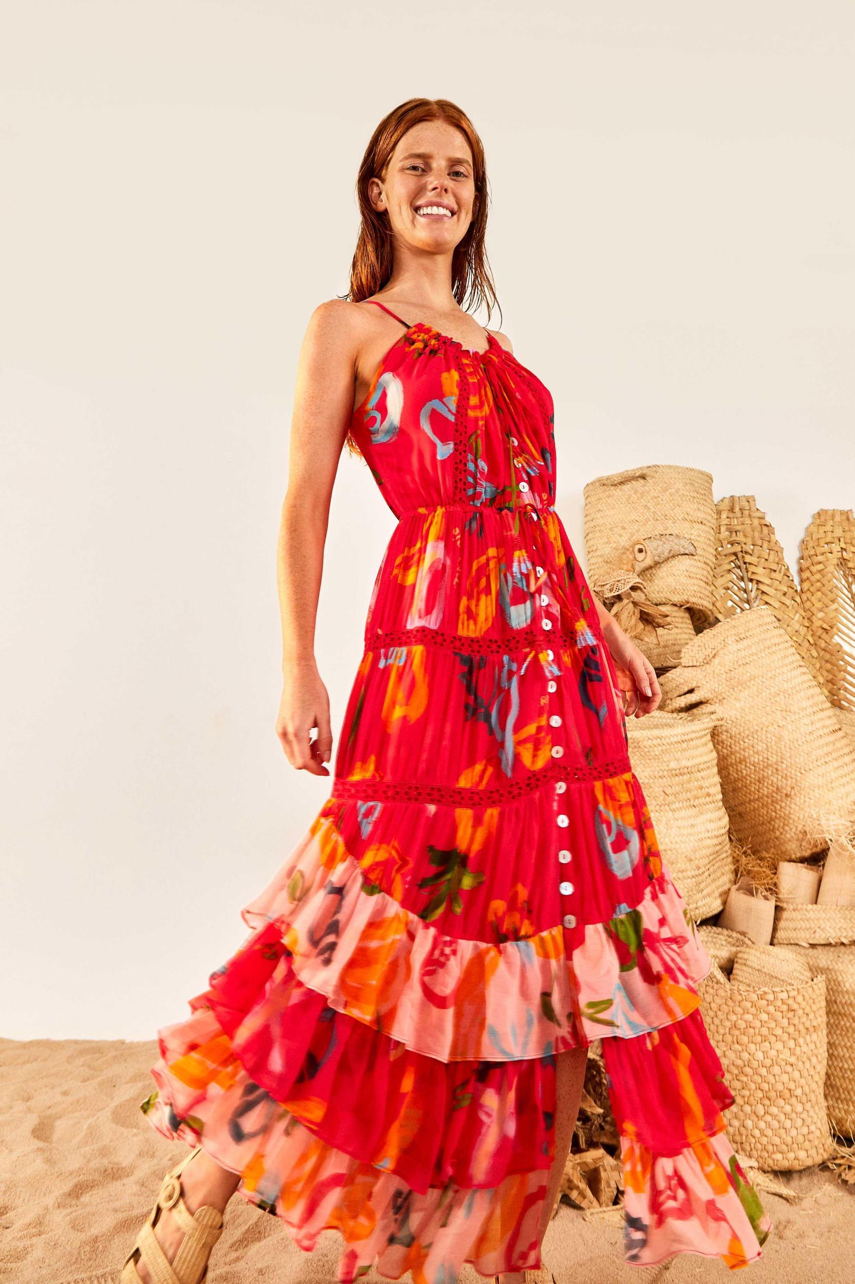 Red Mixed Fruits Ocean Maxi Dress Product Image