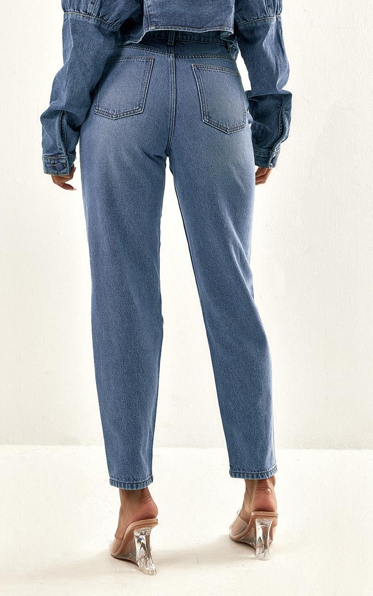 PRETTYLITTLETHING Mid Blue Wash Distressed Mom Jeans Product Image