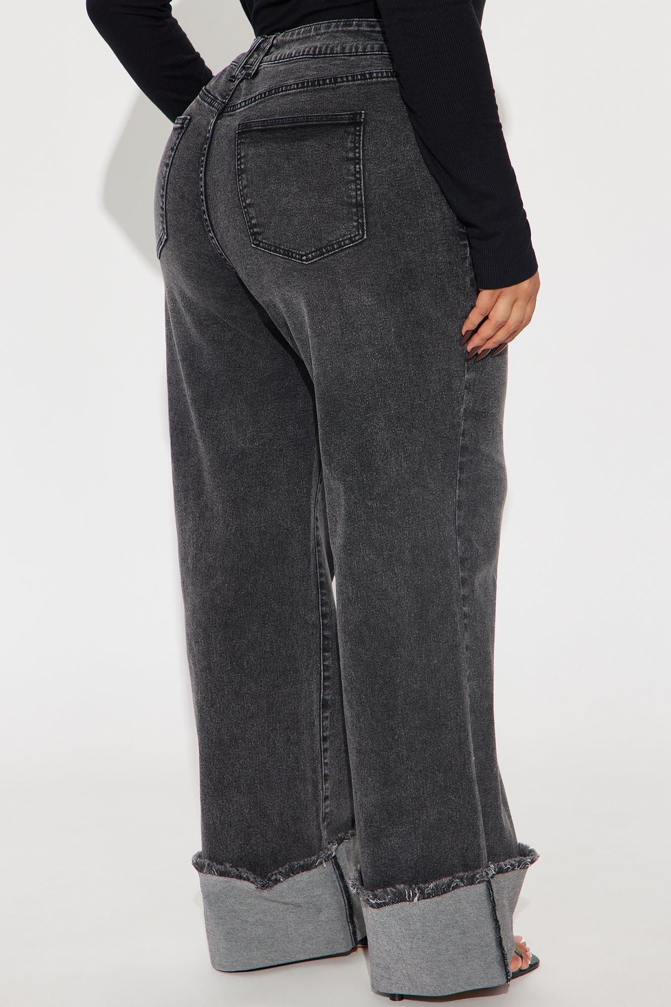 All The While Cuffed Wide Leg Jeans - Black Wash Product Image