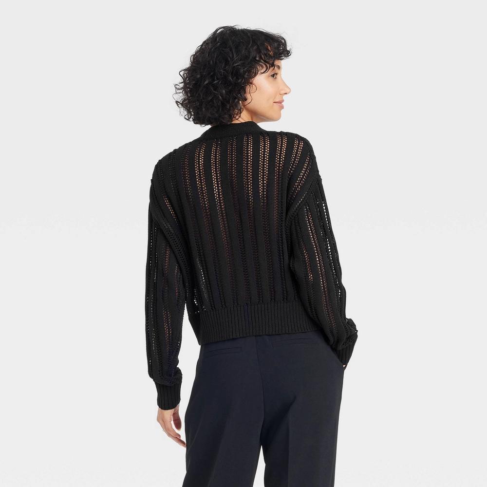 Women's Openwork Cardigan - A New Day™ Black XS: Cotton Recycled Polyester, Midweight, Open Front Product Image