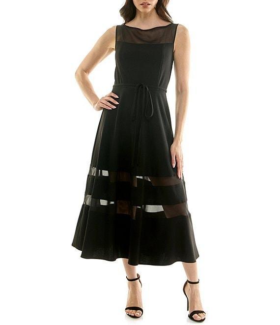 Moda Tara Stretch Crepe Illusion Chiffon Fit And Flare Sleeveless Midi Dress Product Image