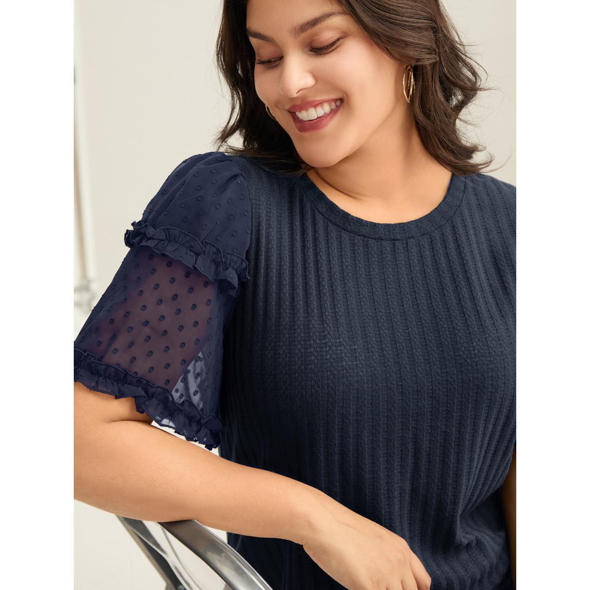 Plus Size Textured Pit Strip Layered Sleeve Sheer T-Shirt Indigo Women Texture Round Neck Everyday-Casual T-shirts BloomChic 30/6X Product Image