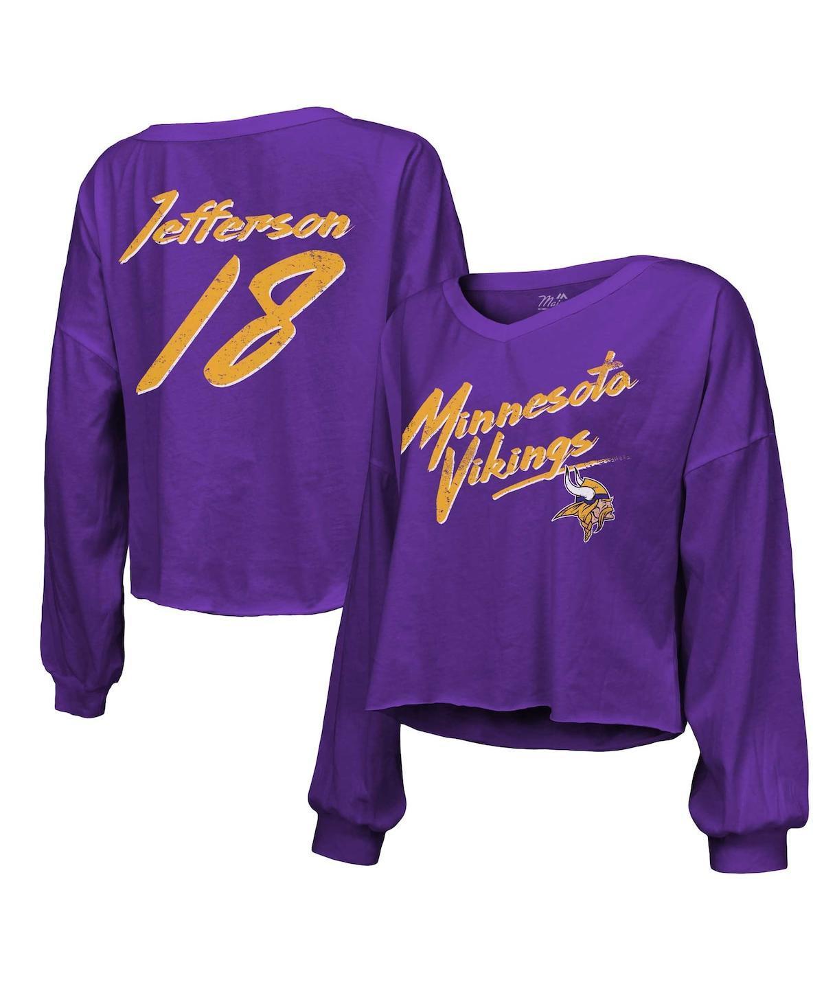 Women's Majestic Threads Justin Jefferson Purple Minnesota Vikings Name & Number Off-Shoulder Script Cropped Long Sleeve V-Neck T-Shirt, Size: Large Product Image