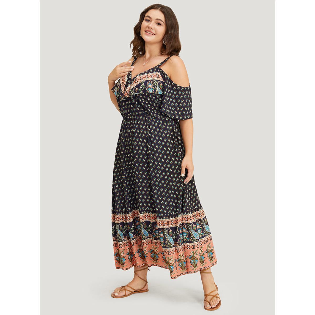 Plus Size Bandana Print Pocket Ruffle Trim Cold Shoulder Maxi Dress BlackFlower Women Vacation Adjustable Straps V-neck Short sleeve Curvy Maxi Dress BloomChic 30/6X Product Image