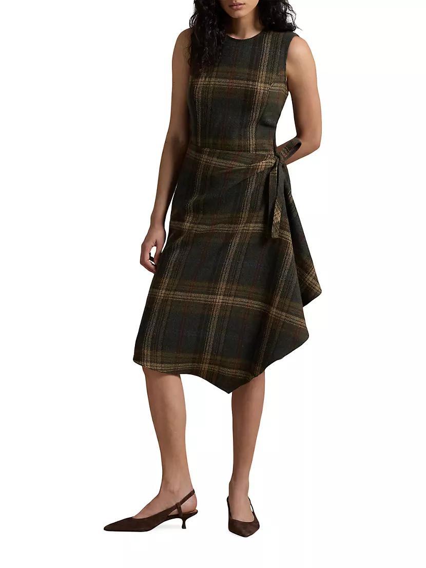 Check Wool-Blend Sleeveless Faux Wrap Midi Dress Product Image
