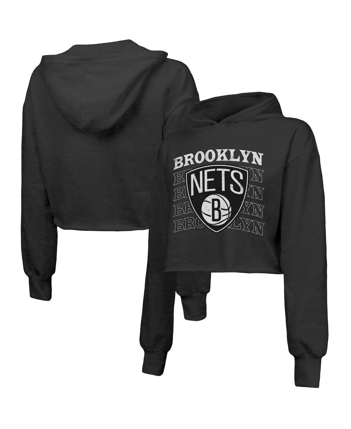 Women's Majestic Threads Black Brooklyn Nets Repeat Cropped Tri-Blend Pullover Hoodie, Size: 2XL Product Image