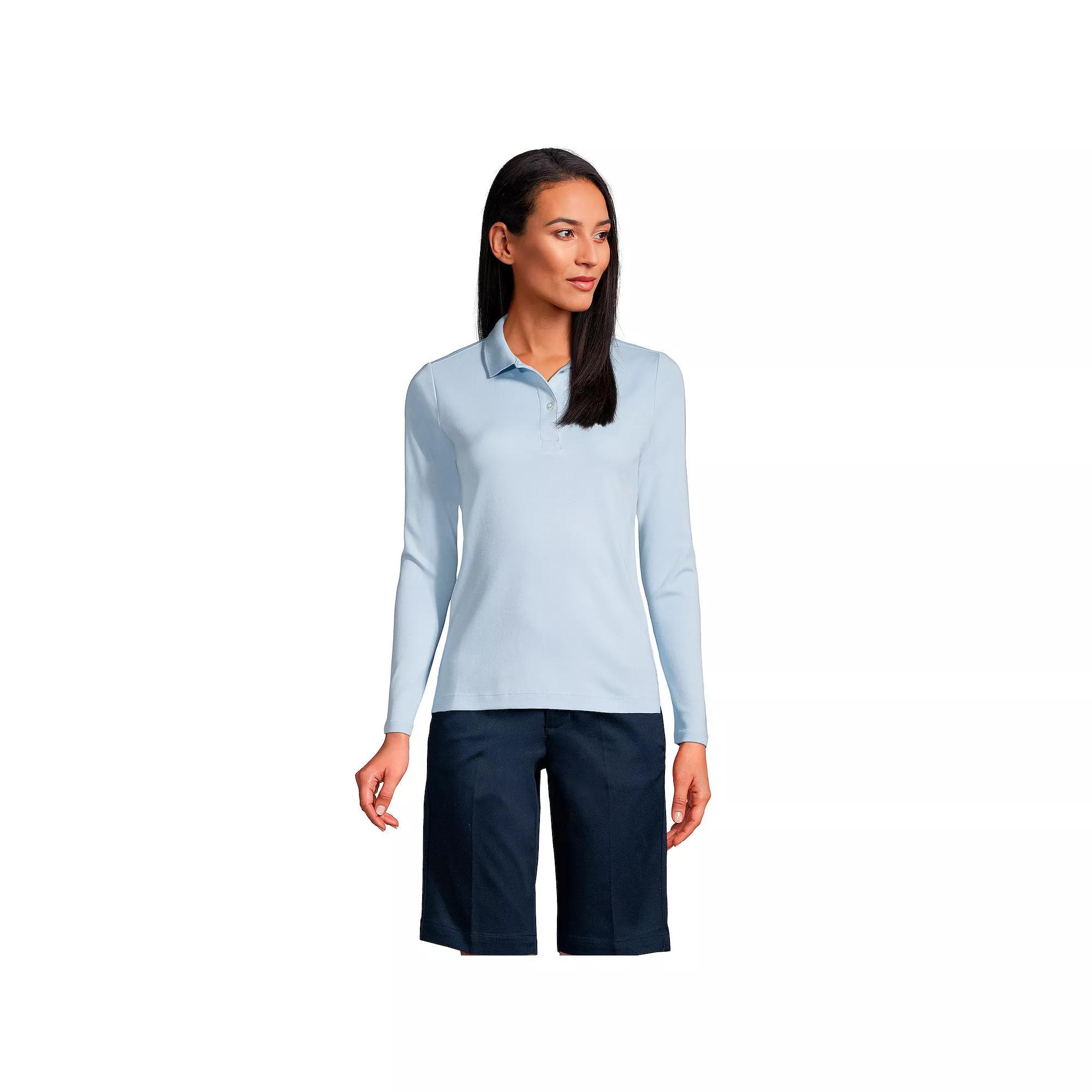 Women's Lands' End School Uniform Long Sleeve 2-Button Interlock Polo Shirt, Size: XS, White Product Image