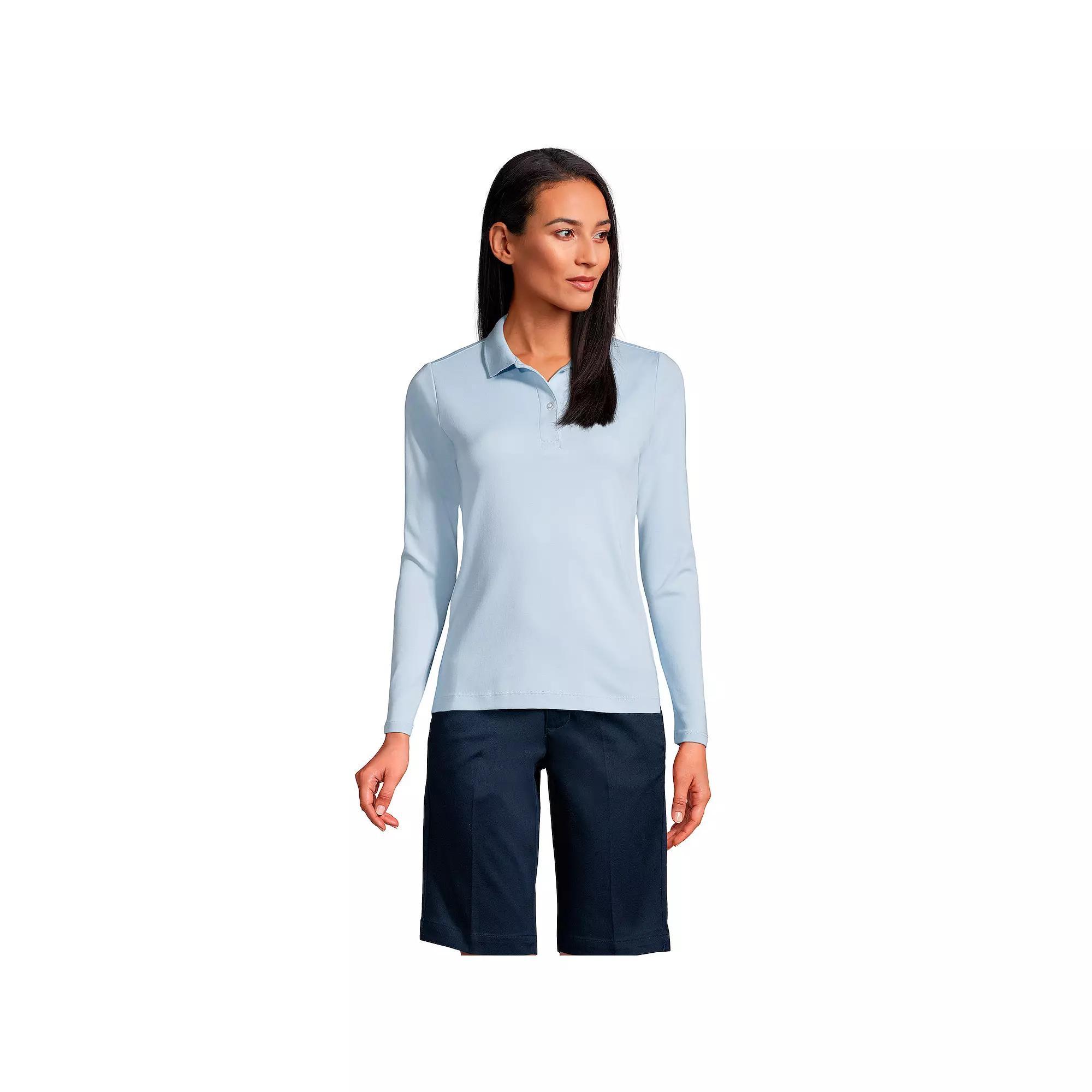 Women's Lands' End School Uniform Long Sleeve 2-Button Interlock Polo Shirt, Size: XS, White Product Image