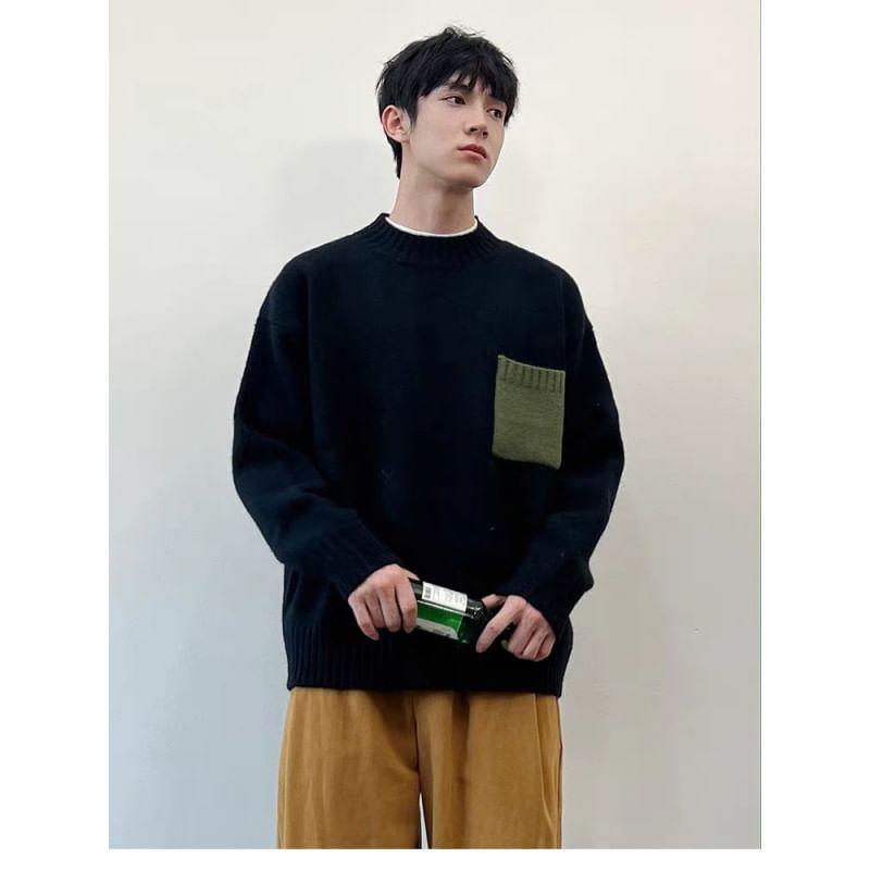 Crew Neck Patchwork Pocket Oversized Sweater Product Image