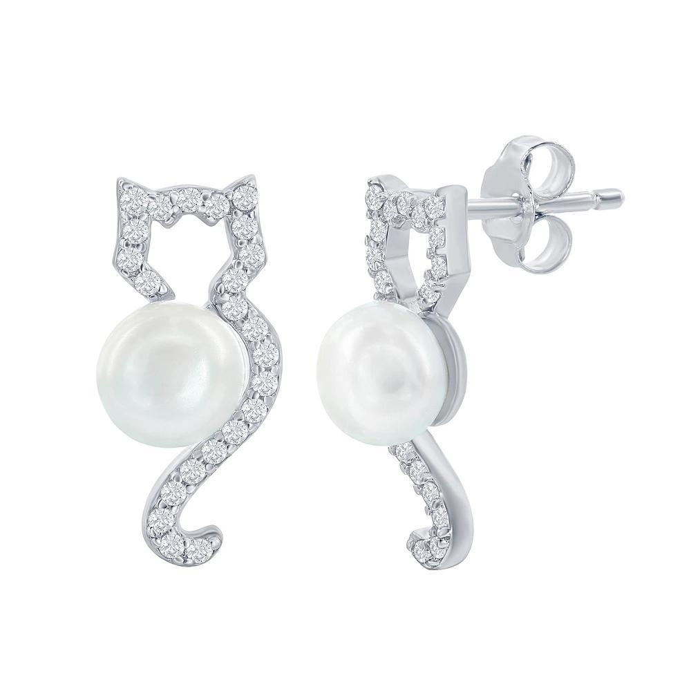 Sterling Silver Cubic Zirconia & Freshwater Cultured Pearl Cat Earrings, Women's Product Image