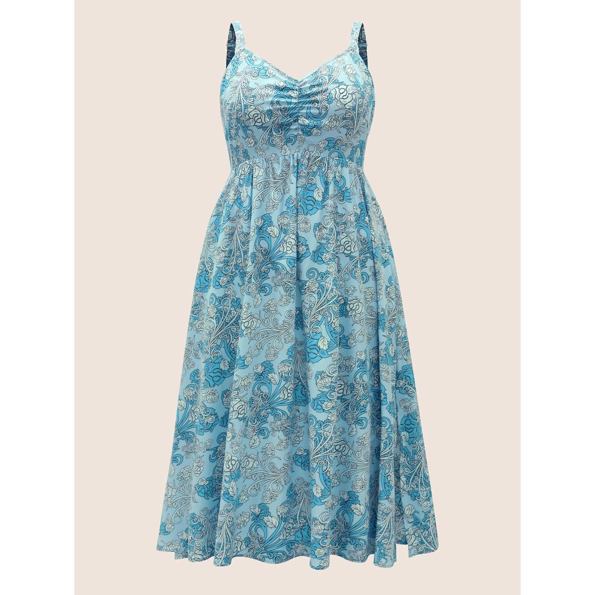 Plus Size Bandana Print Ruched Pocket Cami Dress Cerulean Women Resort Gathered V-neck Sleeveless Curvy BloomChic 14-16/1X Product Image