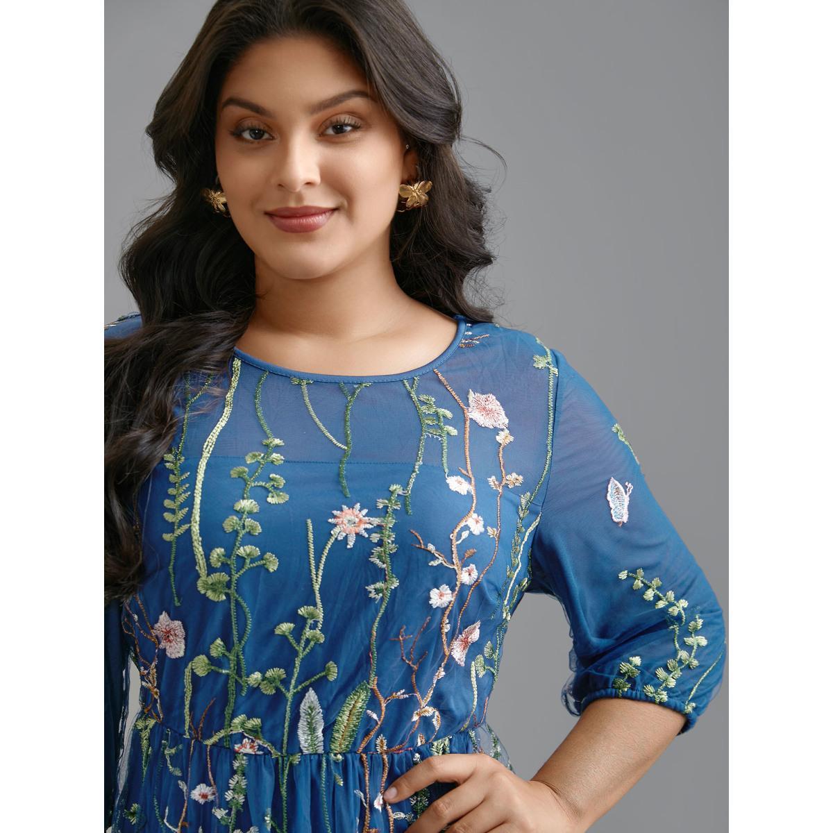 Plus Size Floral Embroidered Elastic Waist Lined Midi Dress Mediumblue Women Cocktail Texture Party Curvy Bloomchic 28/5X Product Image