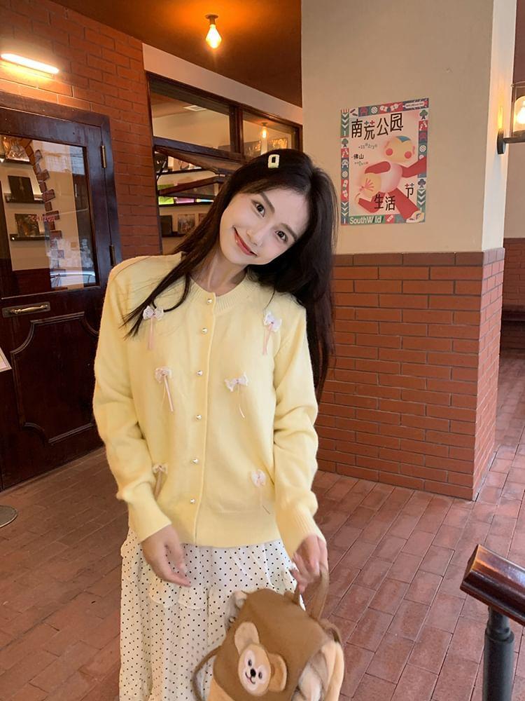 Round Neck Plain Bow Cardigan Product Image