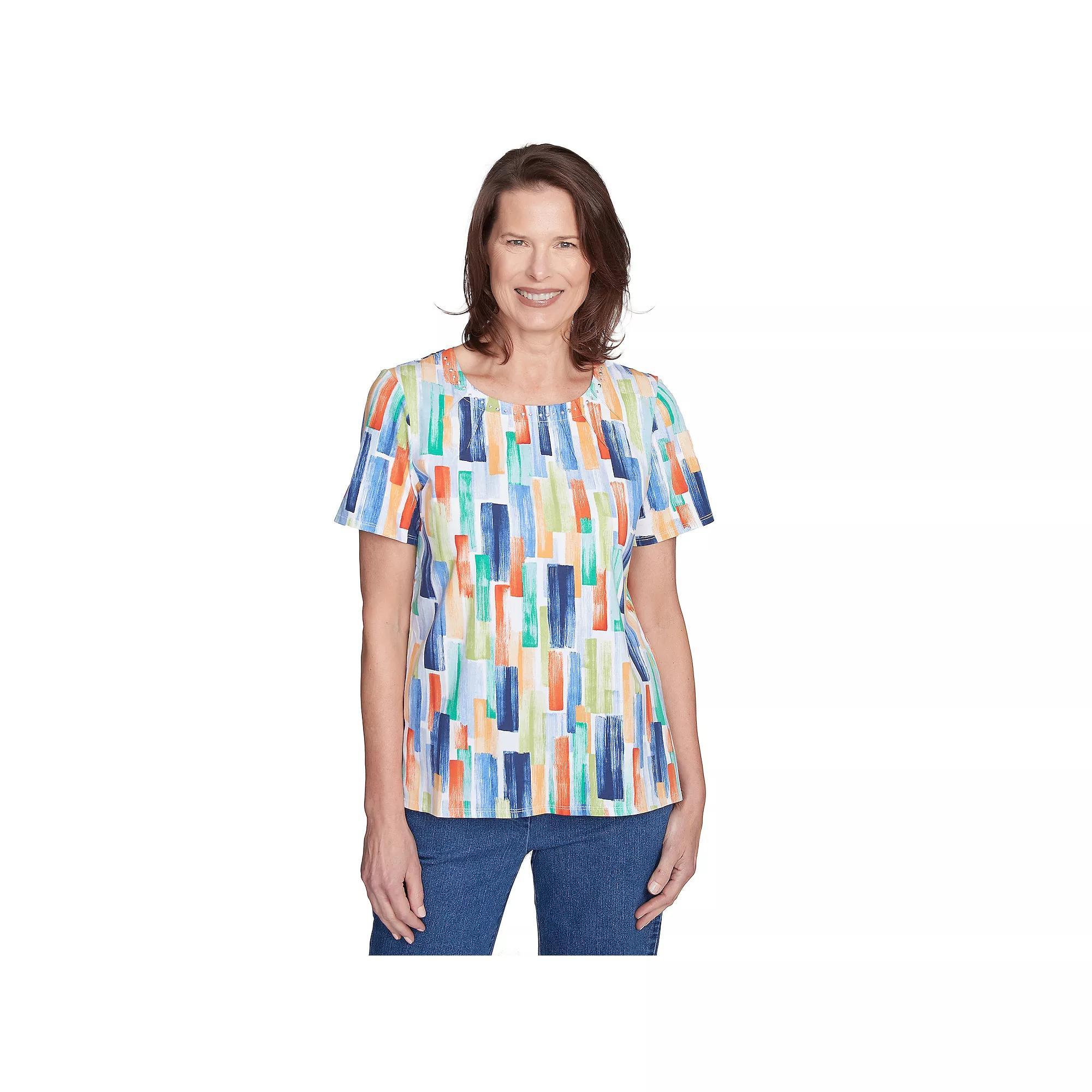 Women's Alfred Dunner Stained Glass Pleated Crew Neck Top, Size: Small, Multi Blue Product Image